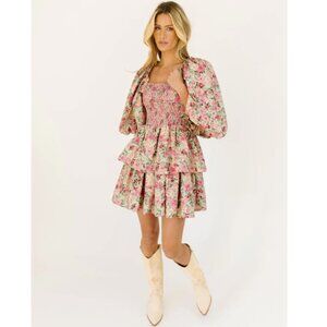 Zoco. Country Club Puff Sleeve Mini Dress Women's Medium Smocked Spring Floral